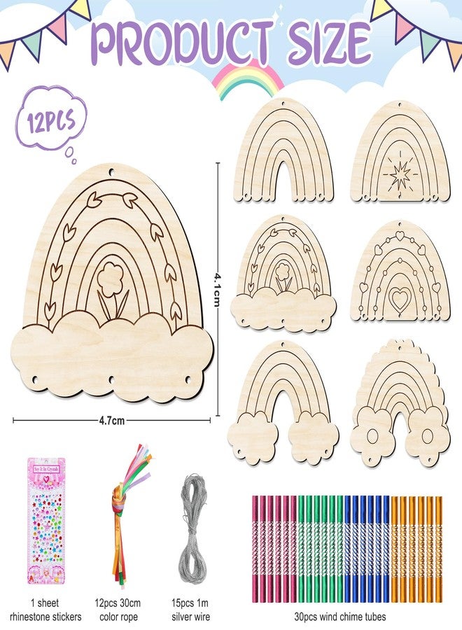 TREACLUB 12 Pack Wind Chime Kit for Kids Make Your Own Wind Chime DIY Wood Arts and Crafts Decorative Coloring Wooden Hanging Ornaments for Girls Boys Home School Activity Party Supplies(Boho Rainbow) - Image 2